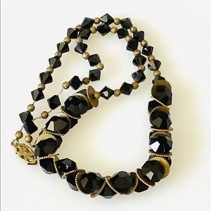 Vintage Black Glass Beads Brass Elements 50s.